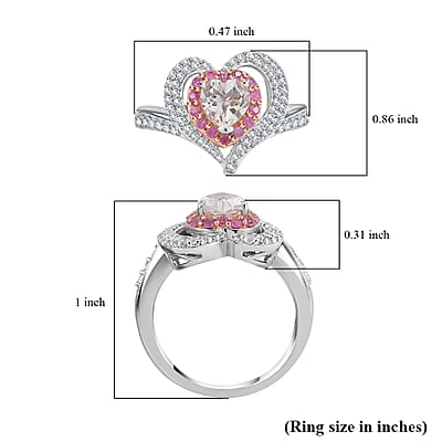 D'Joy White Topaz and Madagascar Pink Sapphire 1.80 ctw Twin Heart Romance Ring in Rhodium Over Sterling Silver (Size 10.0)
