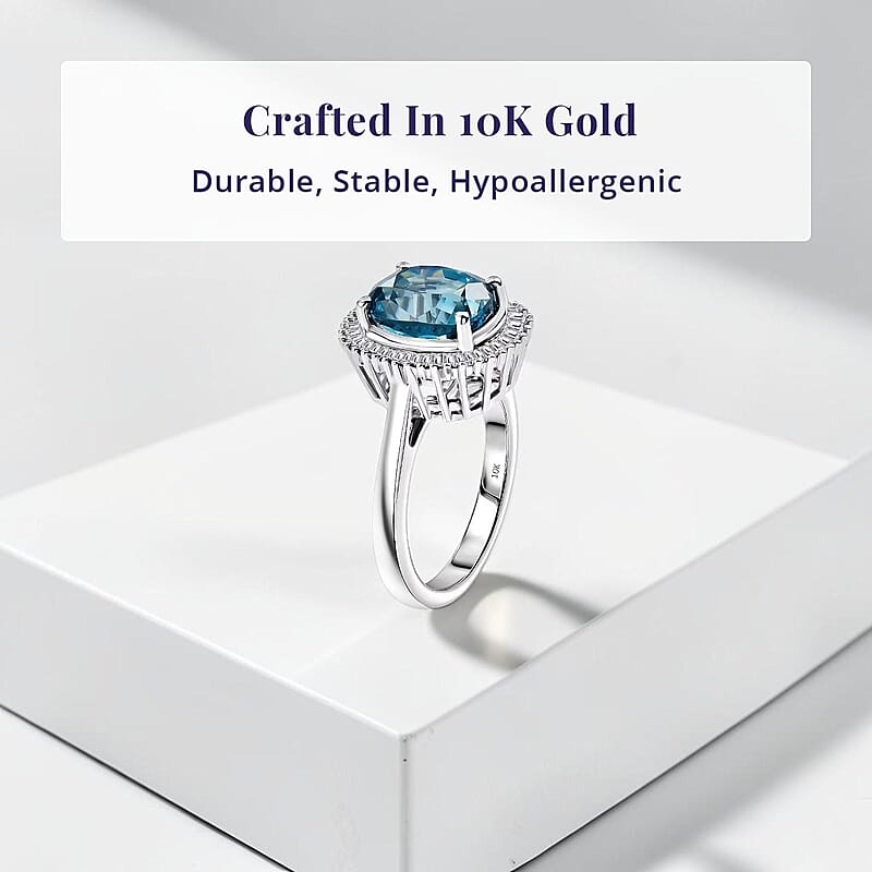 Luxoro AAA Cambodian Blue Zircon and Diamond I2 5.20 ctw Ocean Starlight Halo Ring in 10K White Gold (Size 7.0)