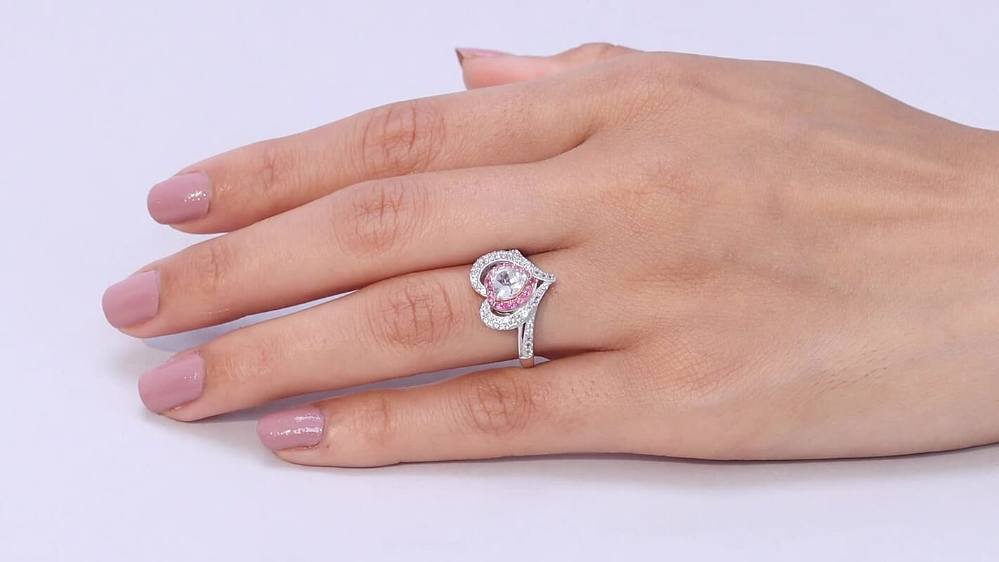 D'Joy White Topaz, Madagascar Pink Sapphire Ring in Rhodium Over Sterling Silver (Size 10.0) 1.80 ctw
