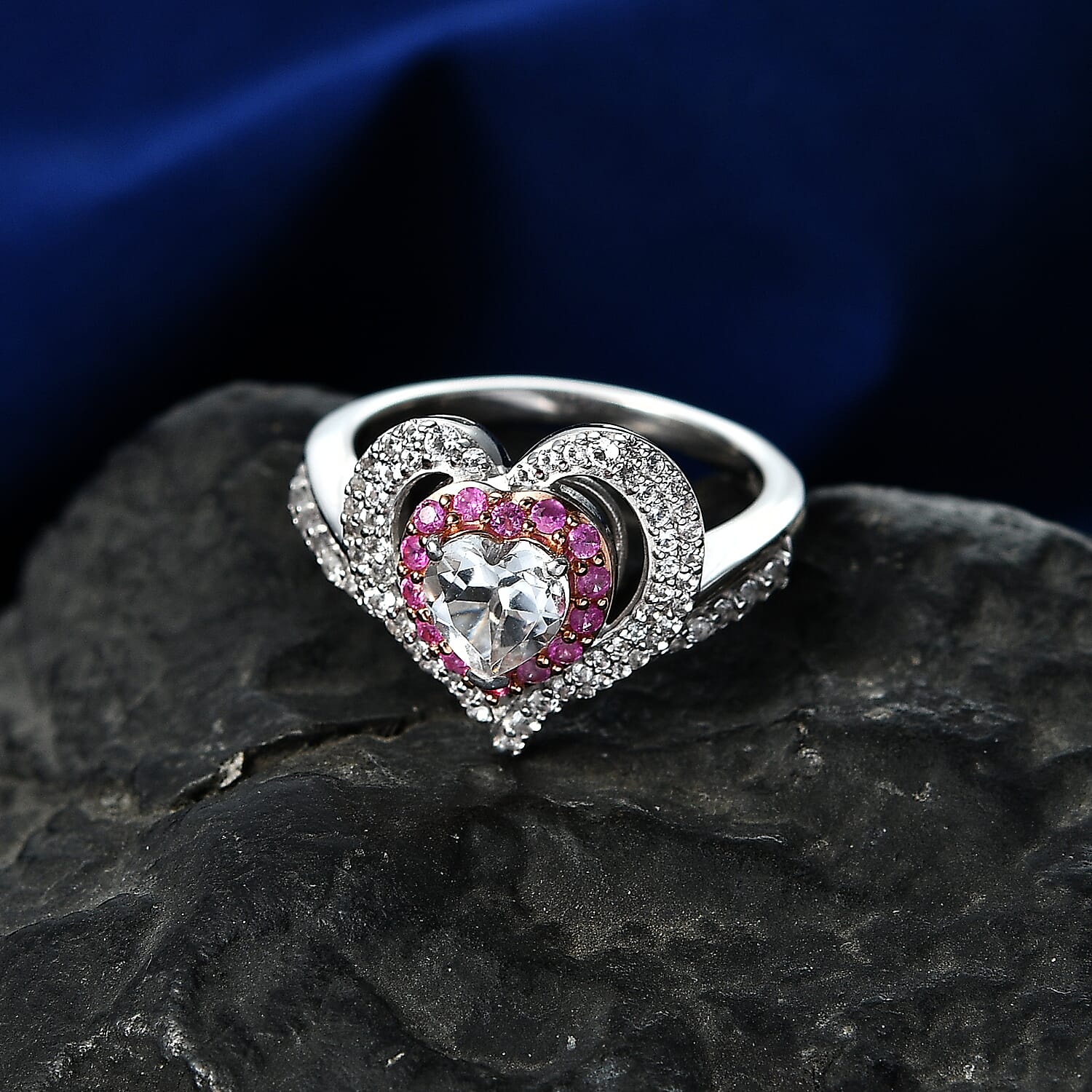 D'Joy White Topaz, Madagascar Pink Sapphire Ring in Rhodium Over Sterling Silver (Size 10.0) 1.80 ctw