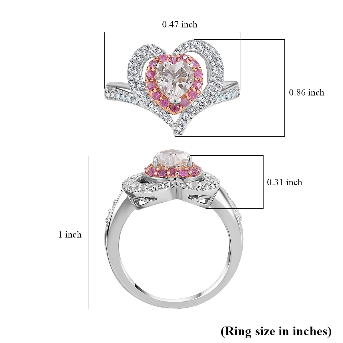 D'Joy White Topaz and Madagascar Pink Sapphire 1.80 ctw Twin Heart Romance Ring in Rhodium Over Sterling Silver (Size 7.0)