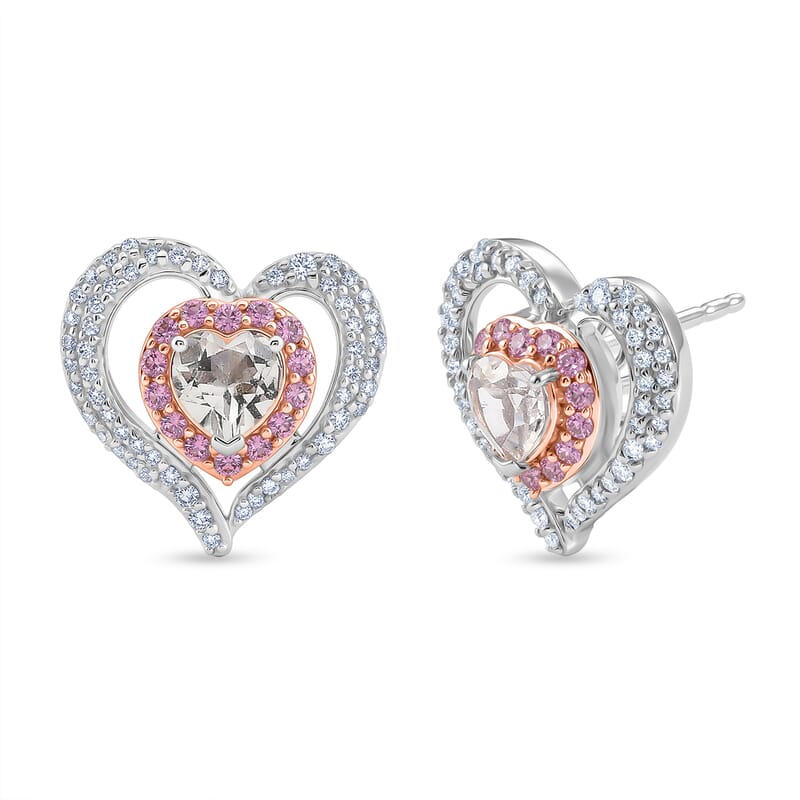 D'Joy White Topaz and Madagascar Pink Sapphire 2.50 ctw Twin Heart Romance Earrings in Rhodium Over Sterling Silver