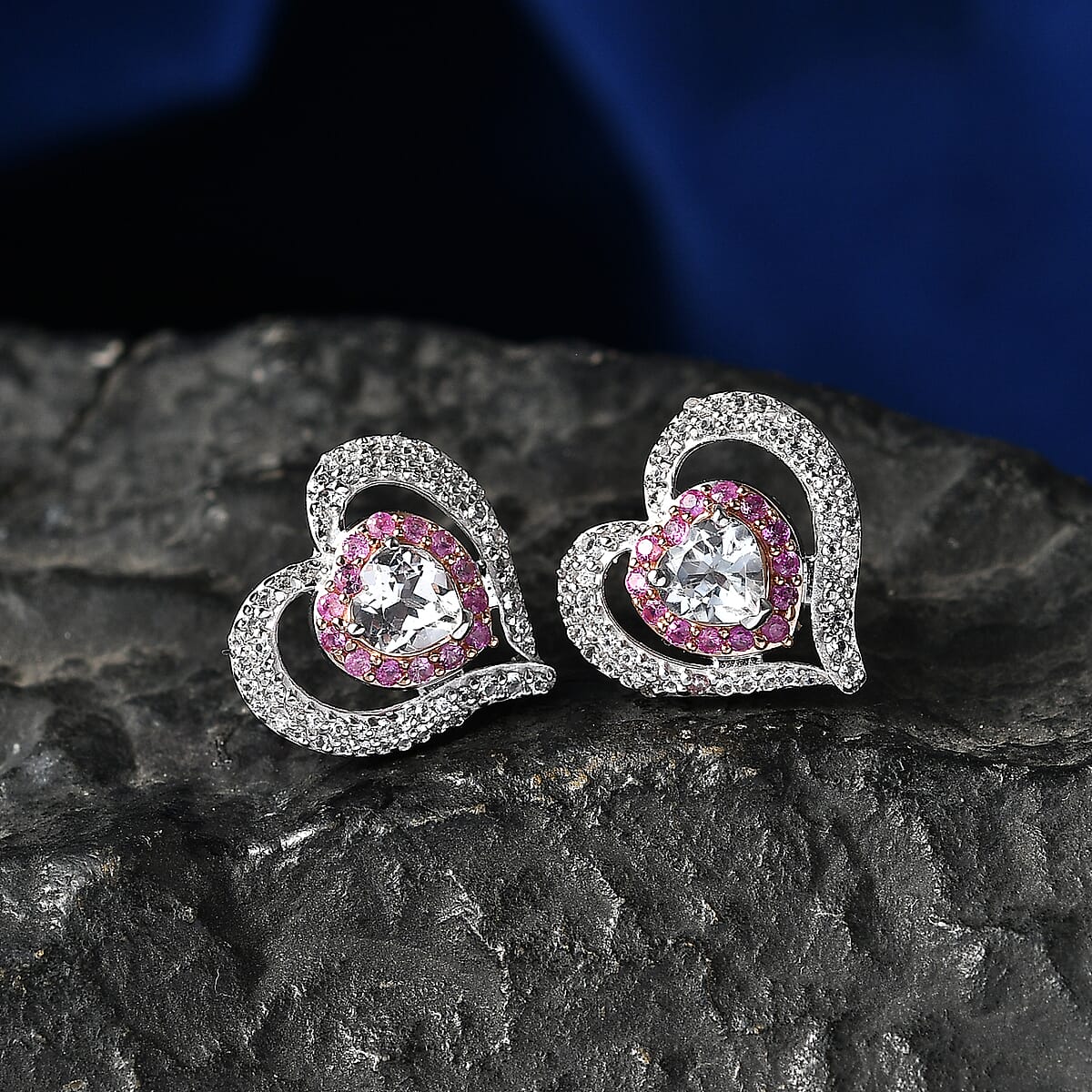 D'Joy White Topaz and Madagascar Pink Sapphire 2.50 ctw Earrings in Rhodium Over Sterling Silver image number 1