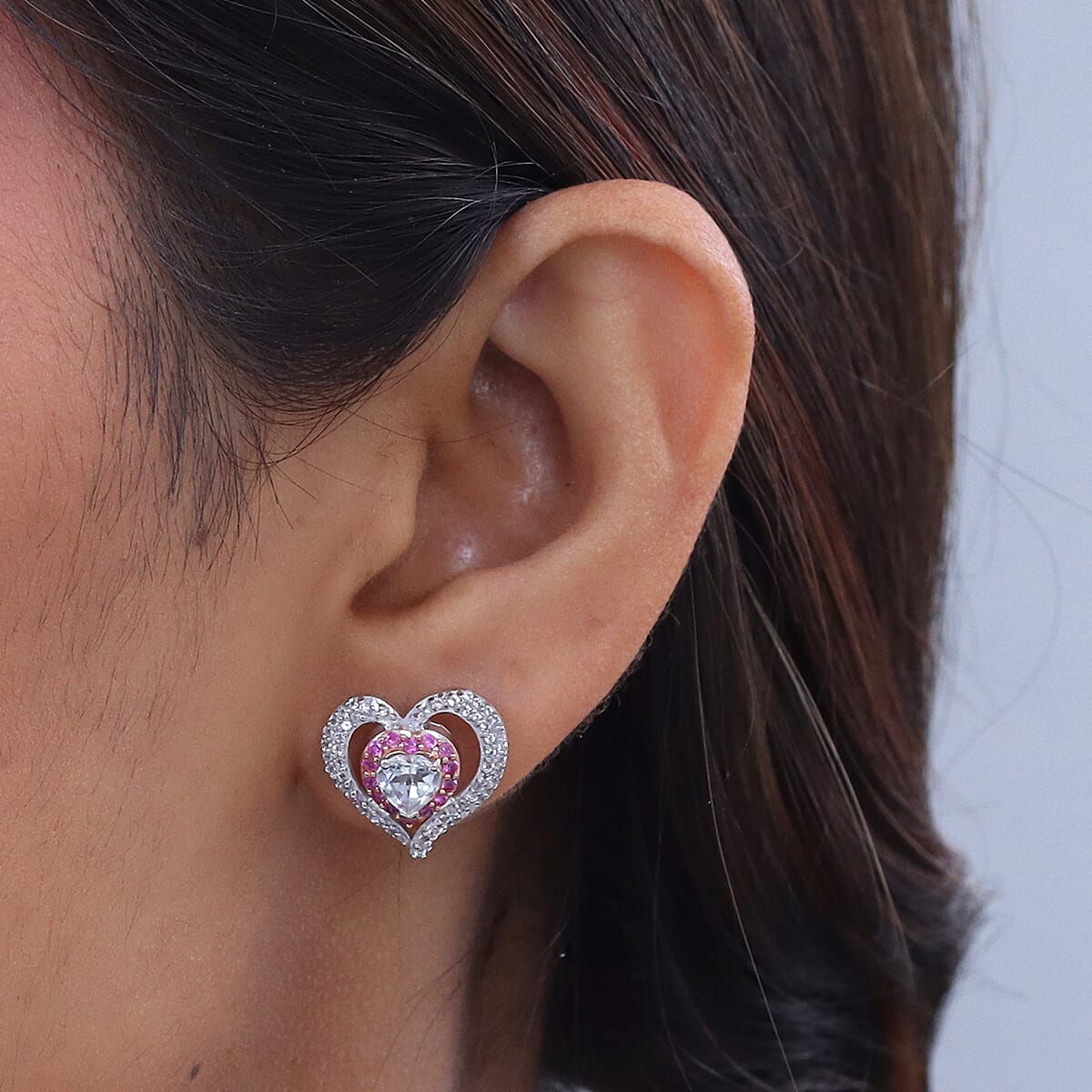 D'Joy White Topaz and Madagascar Pink Sapphire 2.50 ctw Earrings in Rhodium Over Sterling Silver image number 2