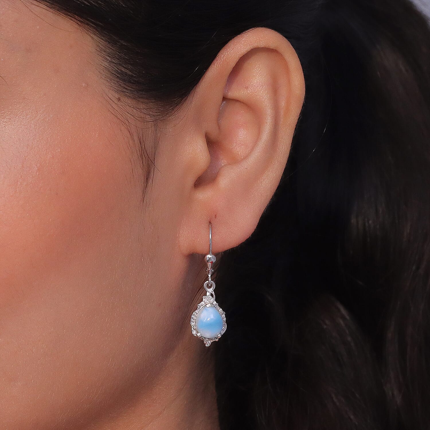 D'Joy AAA Larimar and Moissanite 4.40 ctw Ocean Lace Drop Earrings in Rhodium Over Sterling Silver