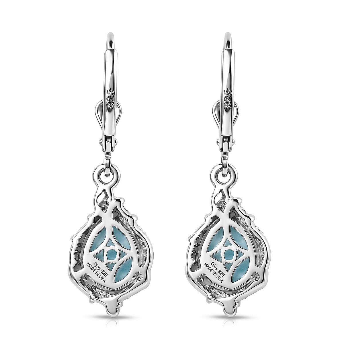 D'Joy AAA Larimar and Moissanite 4.40 ctw Ocean Lace Drop Earrings in Rhodium Over Sterling Silver