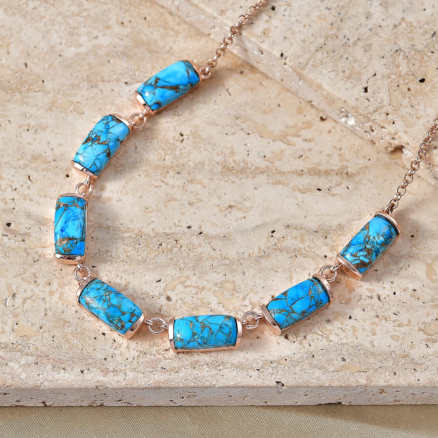 EverTrue Chestnut Brine Turquoise Matrix 23.80 ctw Fancy Necklace in 14K RG Over Copper 18-20 Inches