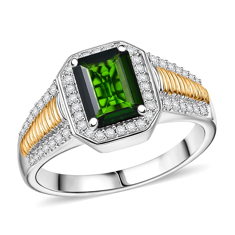 D'Joy Chrome Diopside and Moissanite 2.65 ctw Men's Ring in 18K Vermeil YG and Rhodium Over Sterling Silver (Size 10.0)