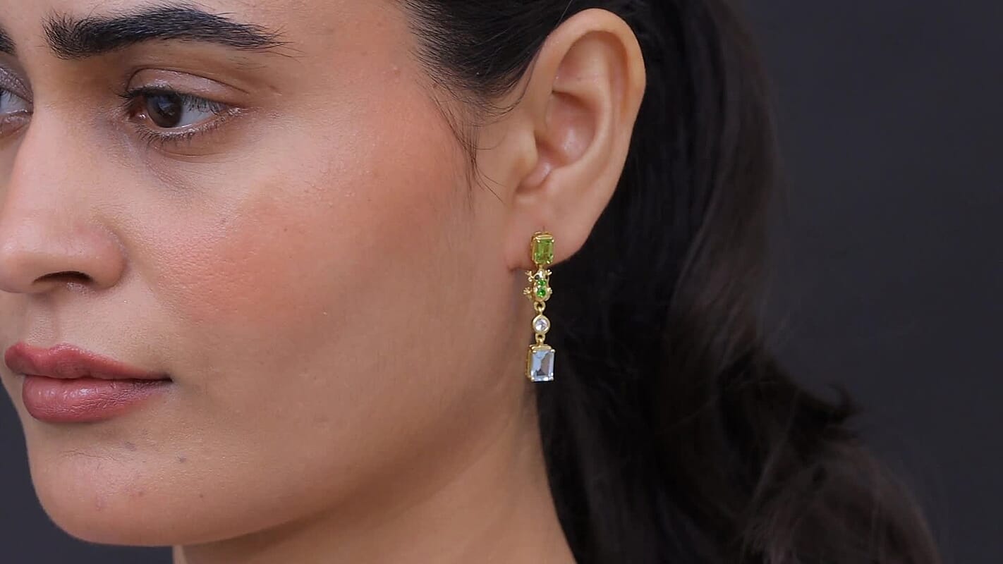 GP Premium Sky Blue Topaz, Multi Gemstone Dangling Earrings in 18K Vermeil YG Over Sterling Silver 4.20 ctw
