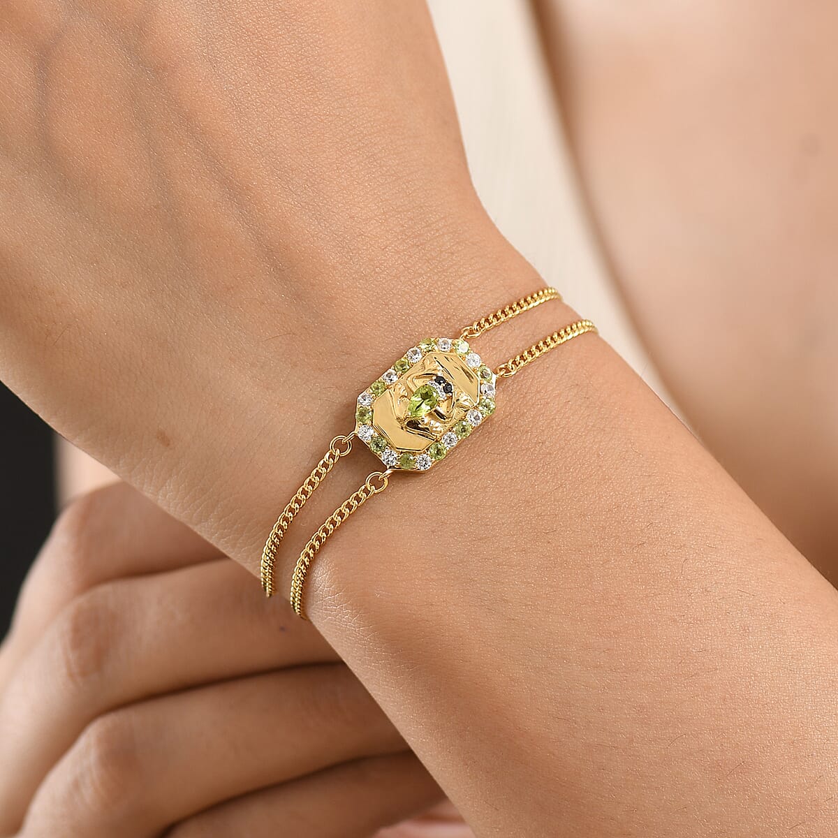 GP Hebei Peridot and Multi Gemstone 1.35 ctw Chain Bracelet in 18K Vermeil Yellow Gold Over Sterling Silver (7.25 In) image number 2
