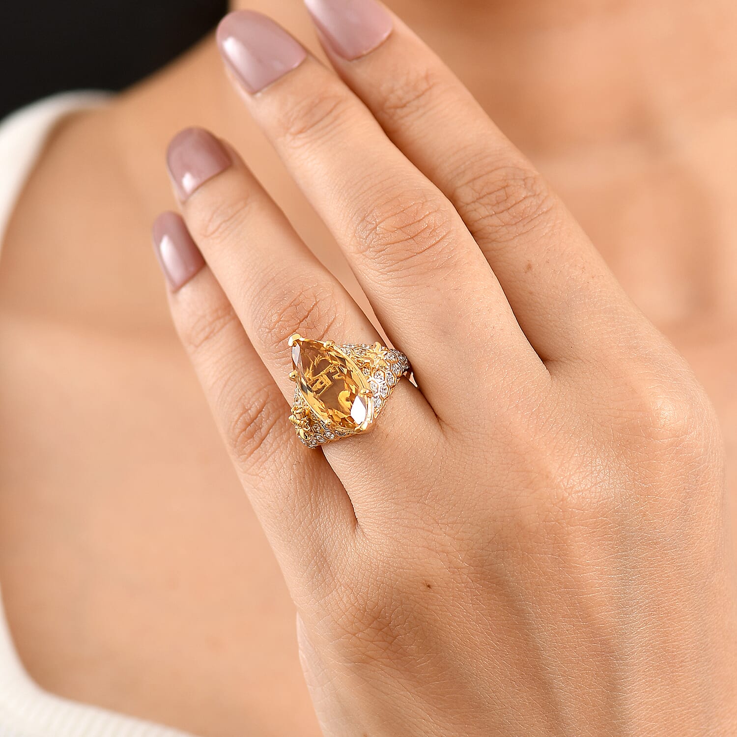 GP Brazilian Citrine and White Zircon 6.90 ctw Ring in 18K Vermeil Yellow Gold Over Sterling Silver (Size 6.0)