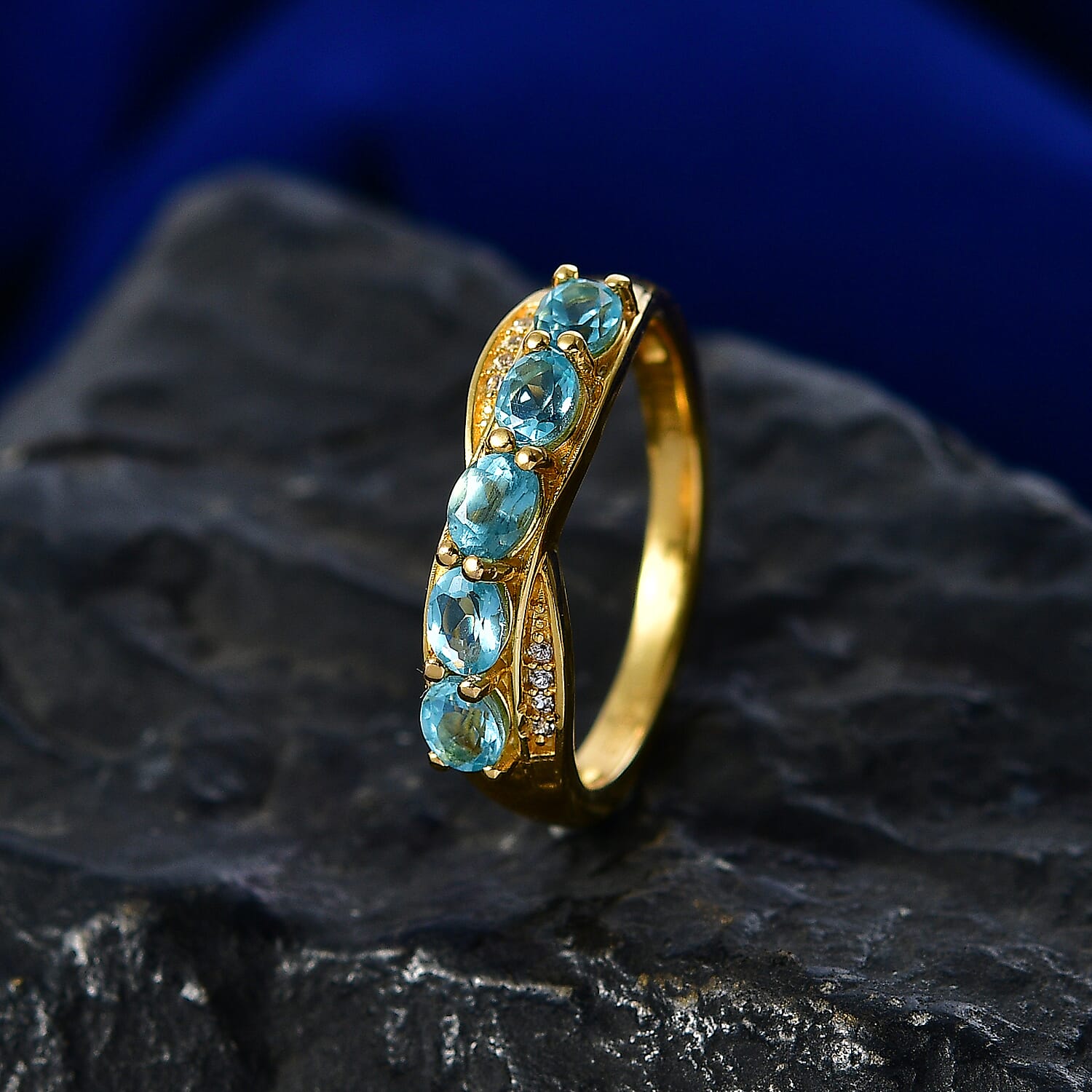 EverTrue Paraiba Apatite and White Zircon 1.00 ctw Cross Path Ring in 18K YG Plated (Size 10.0)