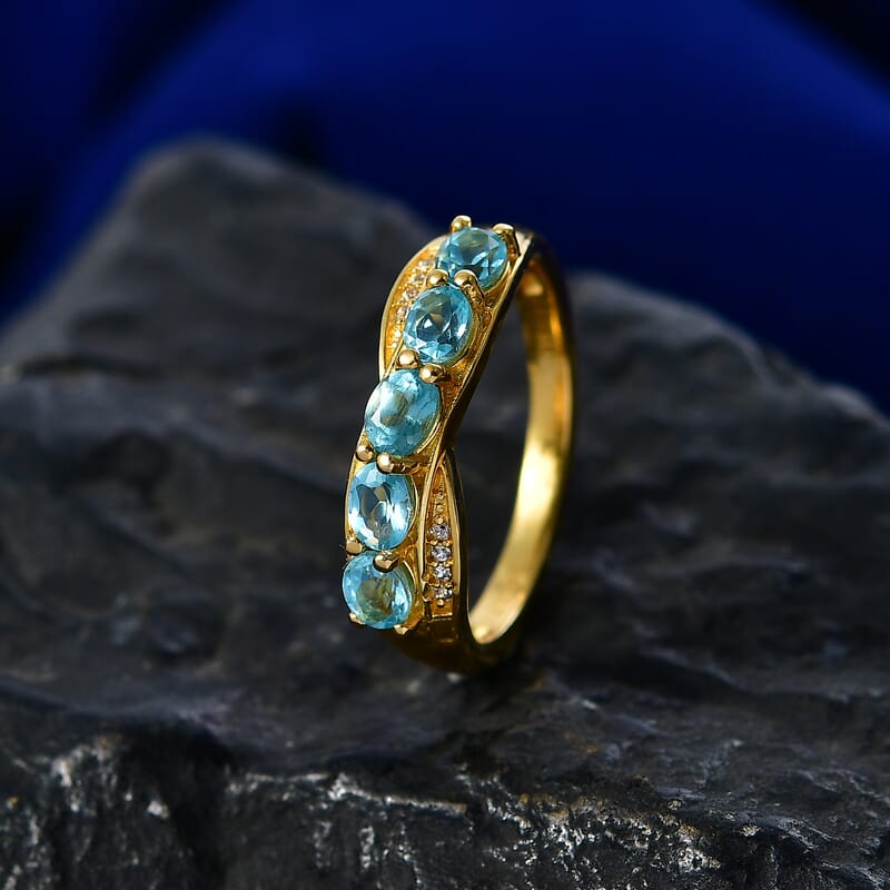 EverTrue Paraiba Apatite and White Zircon 1.00 ctw Cross Path Ring in 18K YG Plated (Size 10.0)