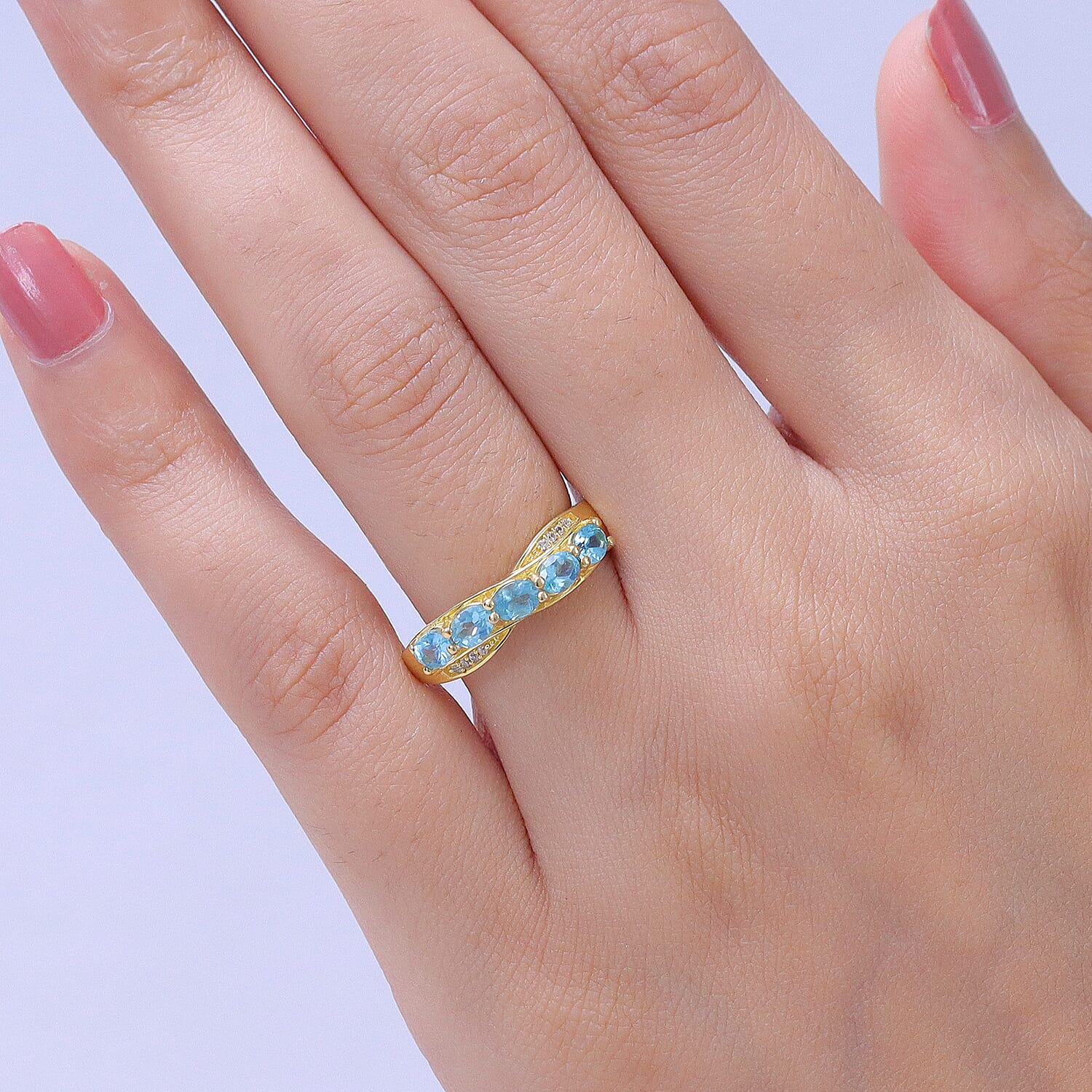 EverTrue Paraiba Apatite and White Zircon 1.00 ctw Cross Path Ring in 18K YG Plated (Size 10.0)