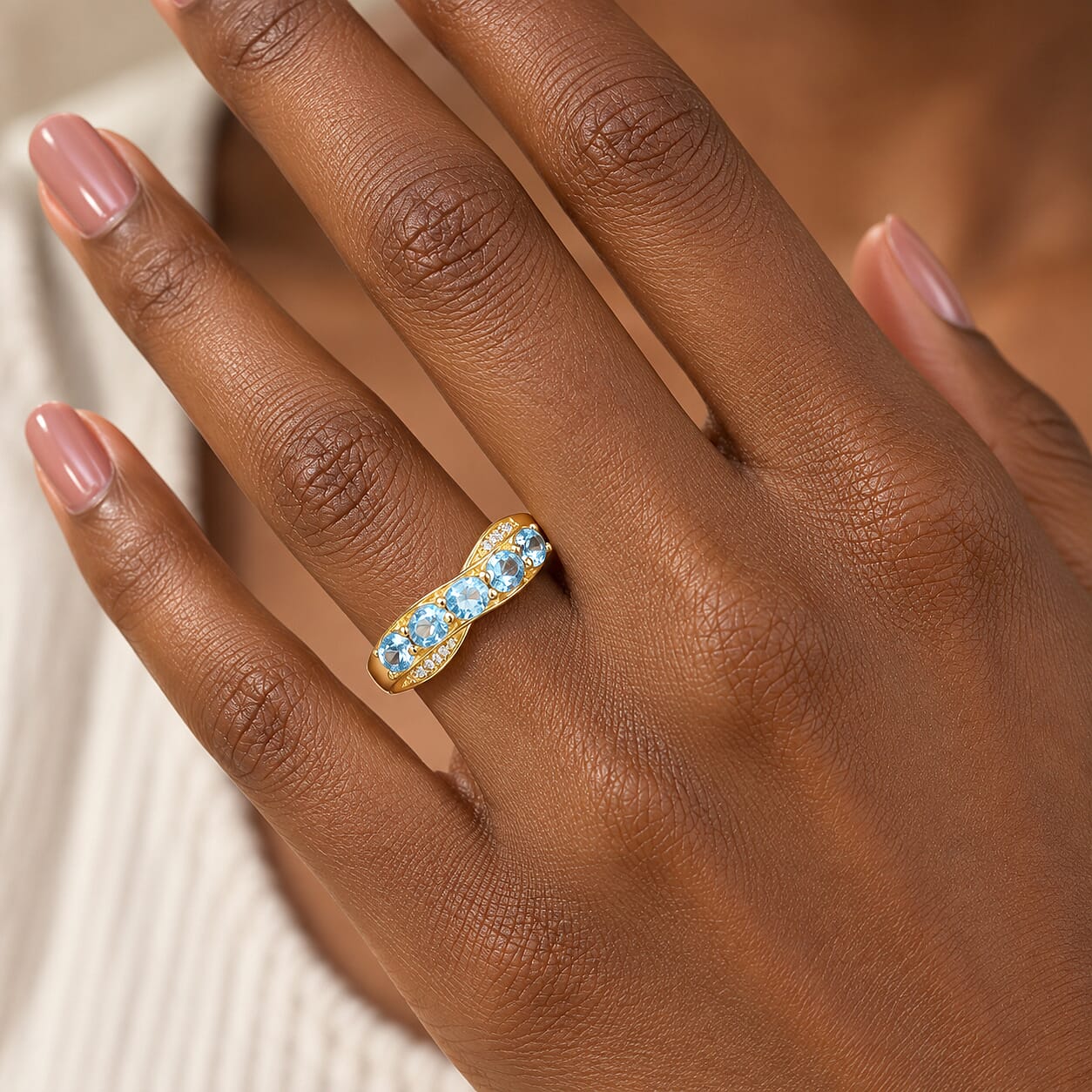 EverTrue Paraiba Apatite and White Zircon 1.00 ctw Cross Path Ring in 18K YG Plated (Size 8.0)