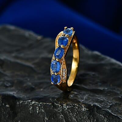 EverTrue Kashmir Kyanite and White Zircon 1.35 ctw Cross Path Ring in 18K YG Plated (Size 5.0)