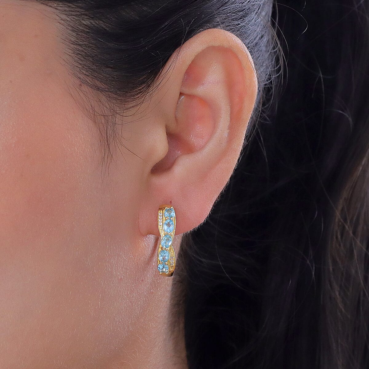 EverTrue Paraiba Apatite and White Zircon 2.00 ctw Hoop Earrings in 18K YG Plated image number 2