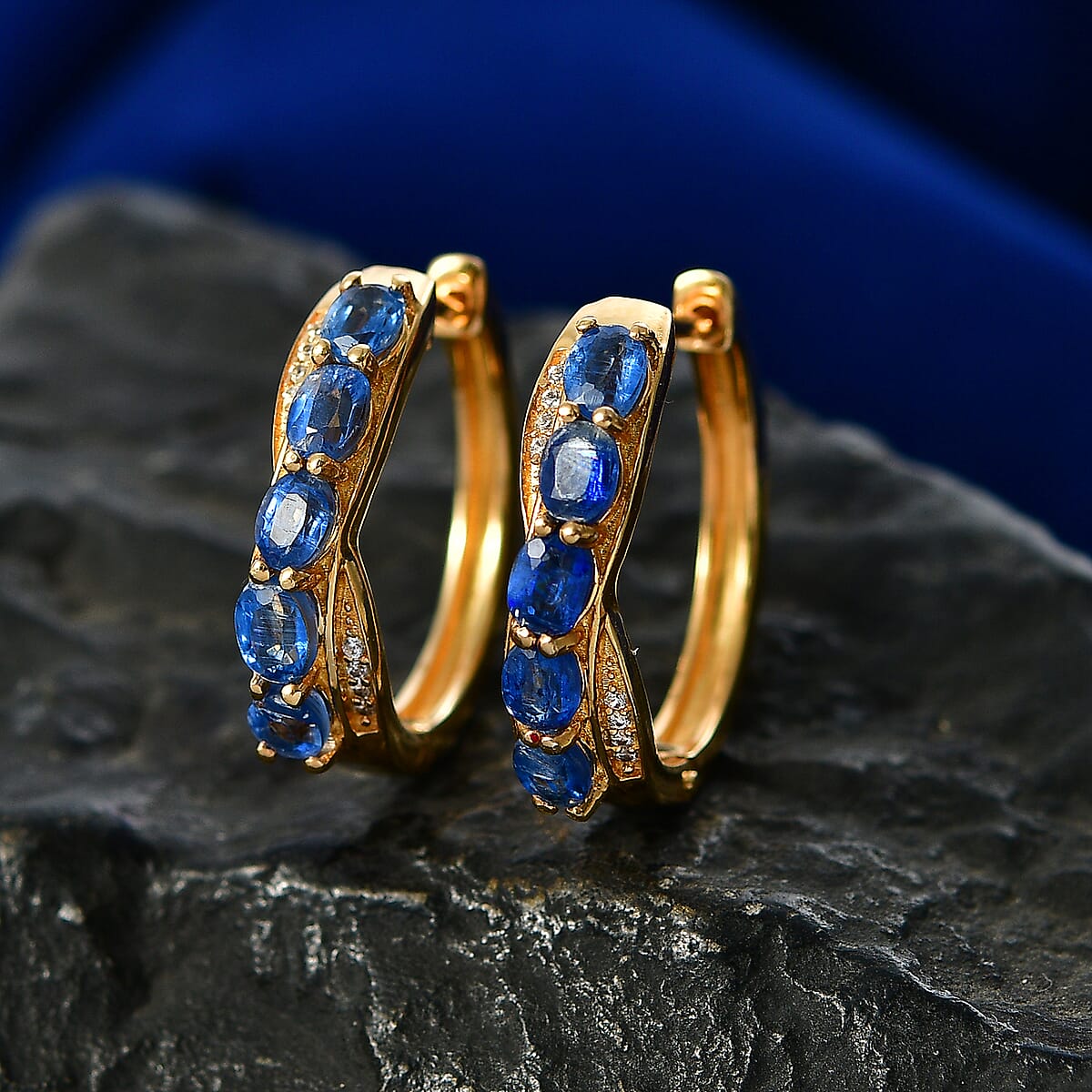 EverTrue Kashmir Kyanite and White Zircon 2.70 ctw Cross Path Hoop Earrings in 18K YG Plated image number 1