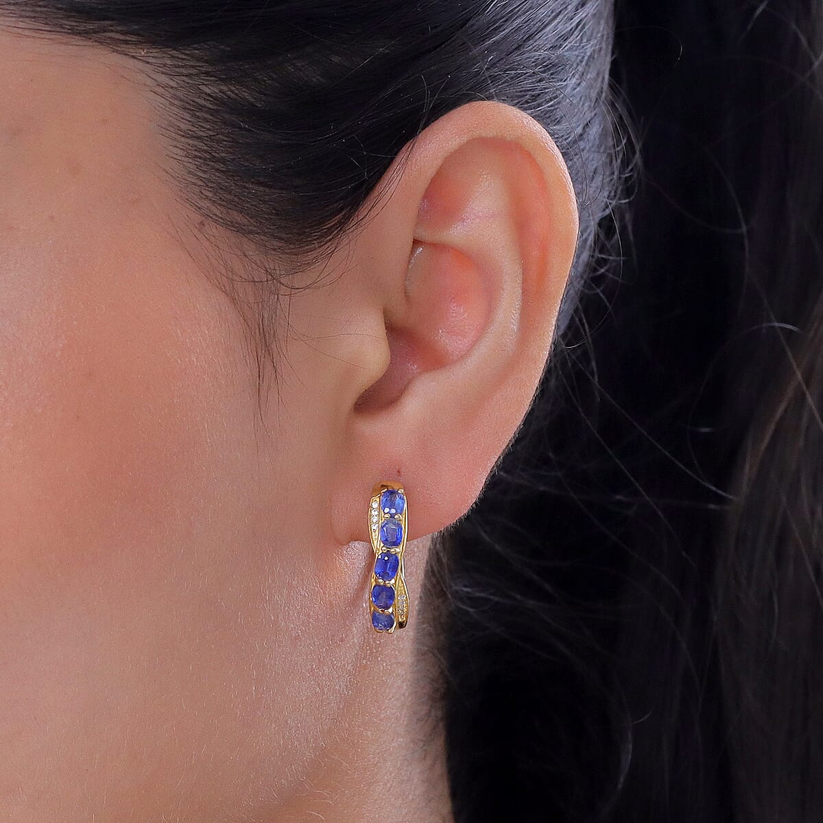 EverTrue Kashmir Kyanite and White Zircon 2.70 ctw Cross Path Hoop Earrings in 18K YG Plated image number 2