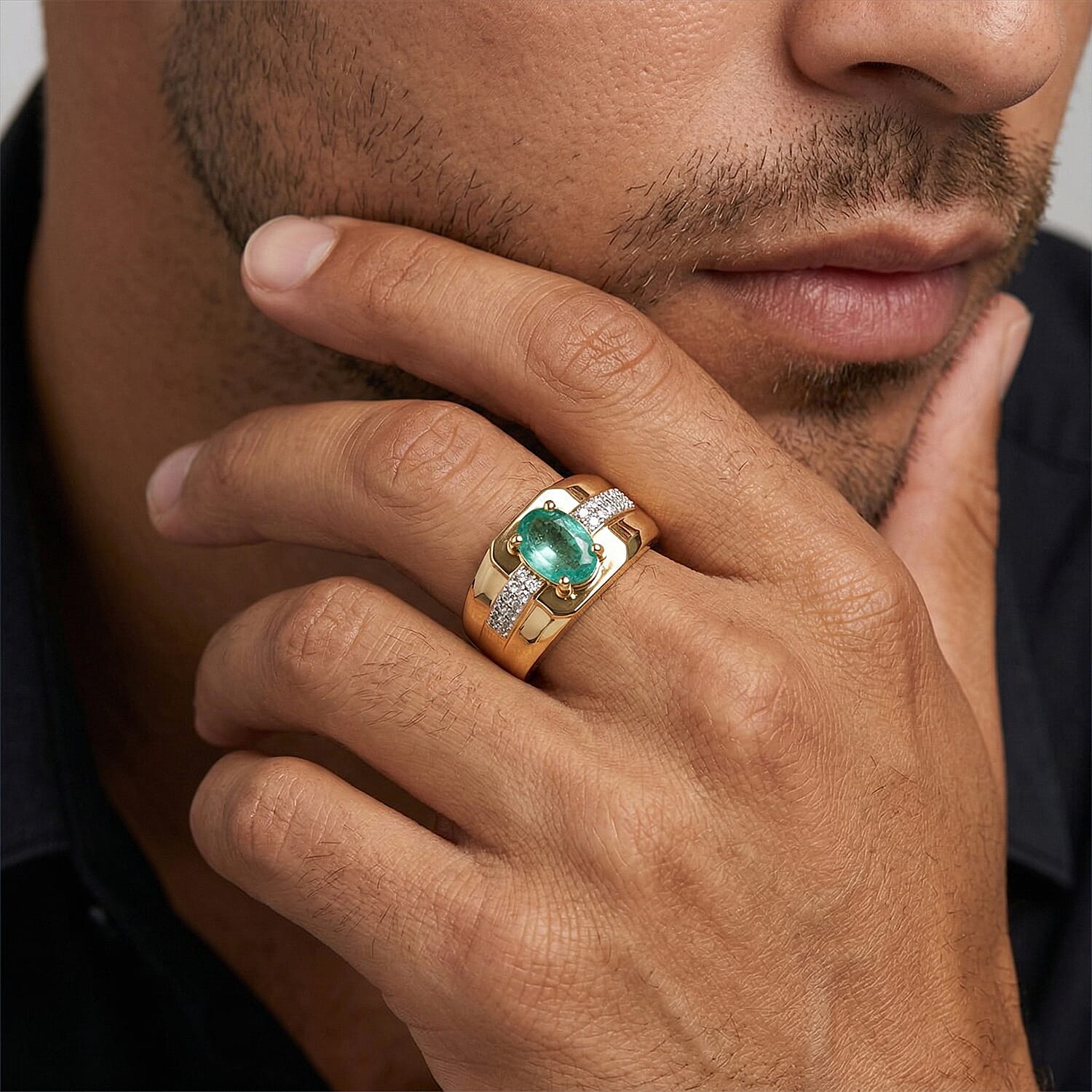 Premium Kagem Zambian Emerald and Luxuriant Lab Grown Diamond G-H SI 0.85 ctw Men's Ring in 18K Vermeil Yellow Gold Over Sterling Silver (Size 10.0)