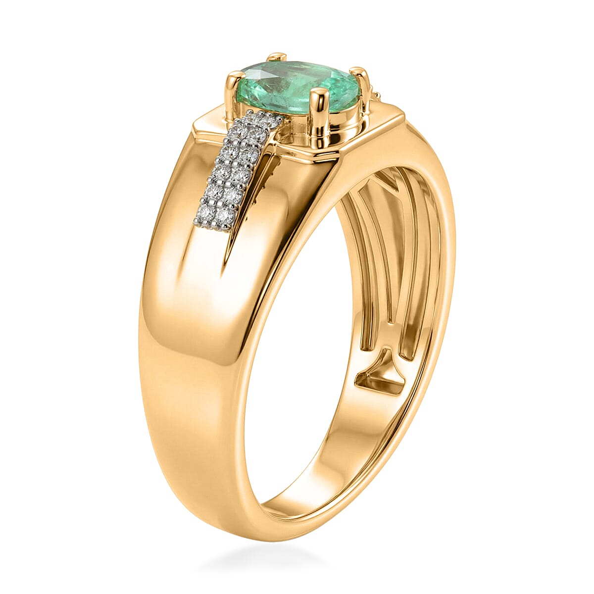 Premium Kagem Zambian Emerald and Luxuriant Lab Grown Diamond G-H SI 0.85 ctw Men's Ring in 18K Vermeil Yellow Gold Over Sterling Silver (Size 10.0)