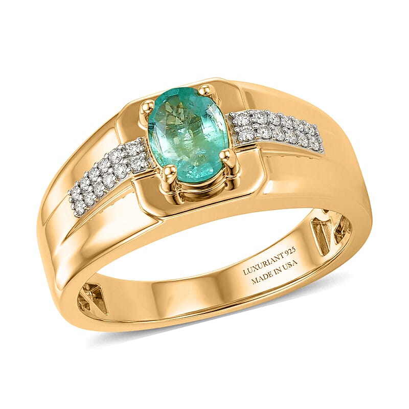 Premium Kagem Zambian Emerald and Luxuriant Lab Grown Diamond G-H SI 0.85 ctw Men's Ring in 18K Vermeil Yellow Gold Over Sterling Silver (Size 9.0)