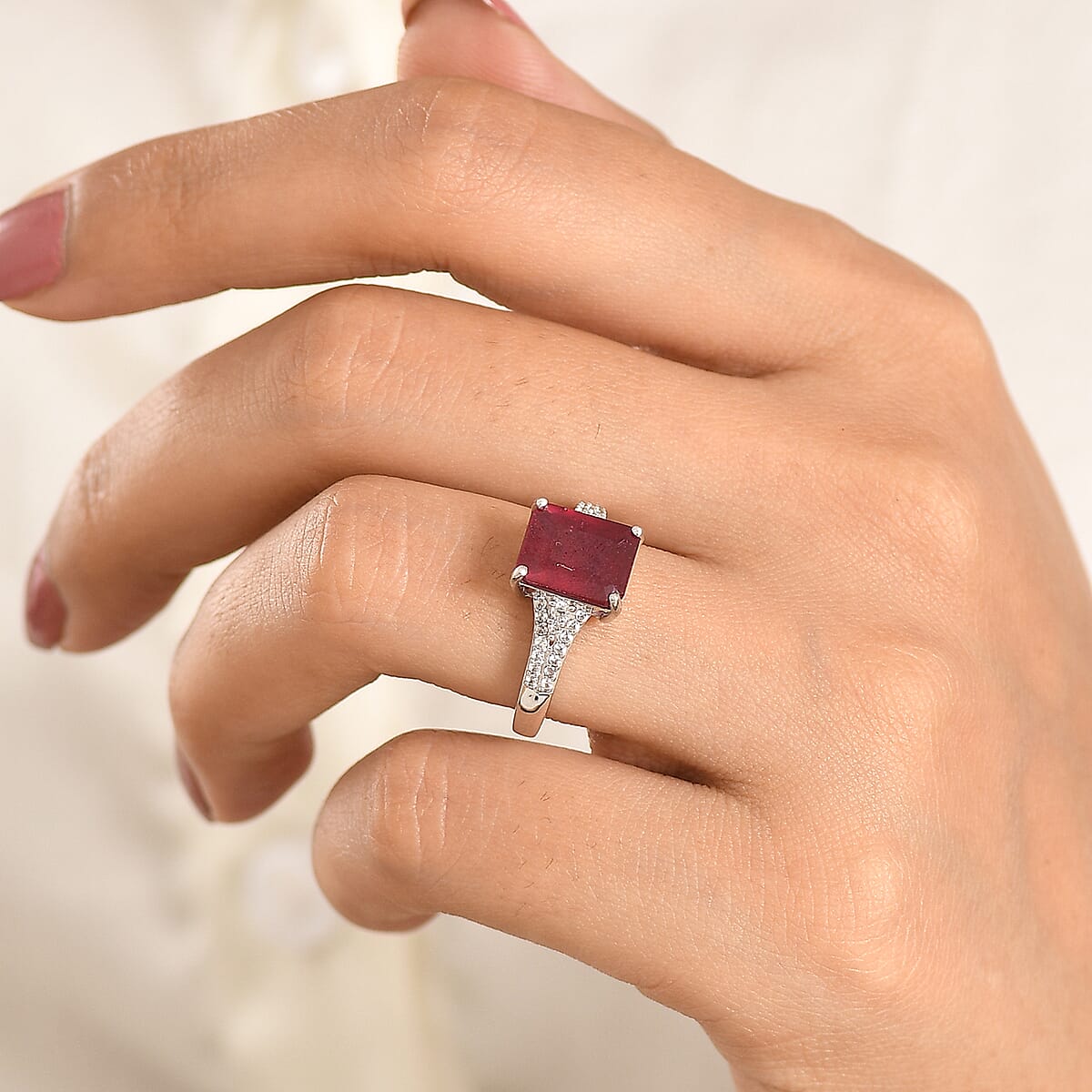 EverTrue Niassa Ruby (FF) and White Zircon 5.35 ctw Bridge Architecture Ring in Platinum Bond (Size 10.0) (Ships in 5-7 Days) image number 2