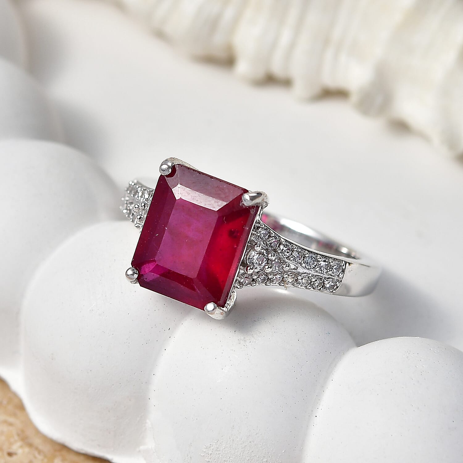 Doorbuster EverTrue Niassa Ruby (FF) and White Zircon 5.35 ctw Bridge Architecture Ring in Platinum Bond (Size 5.0)