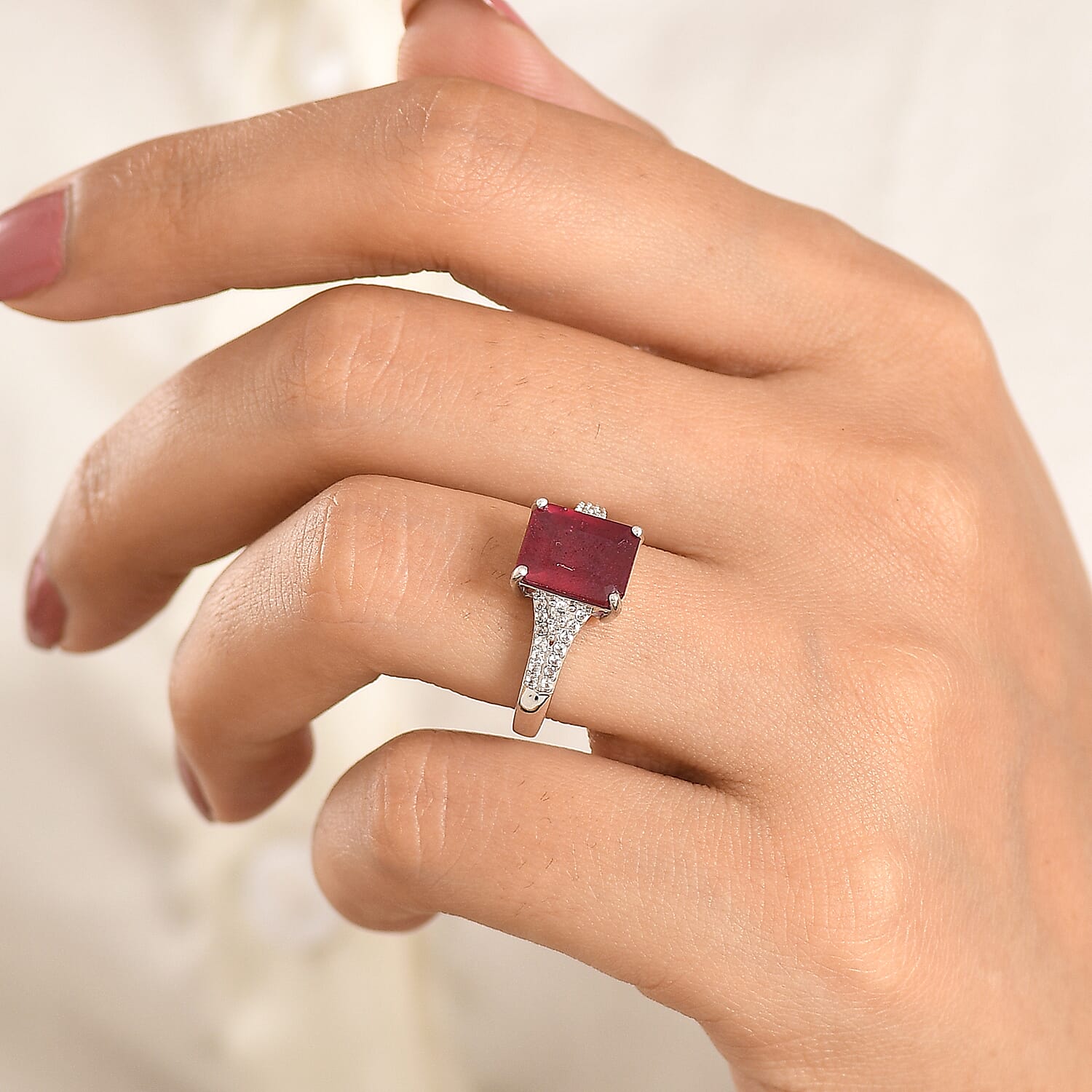 Doorbuster EverTrue Niassa Ruby (FF) and White Zircon 5.35 ctw Bridge Architecture Ring in Platinum Bond (Size 5.0)