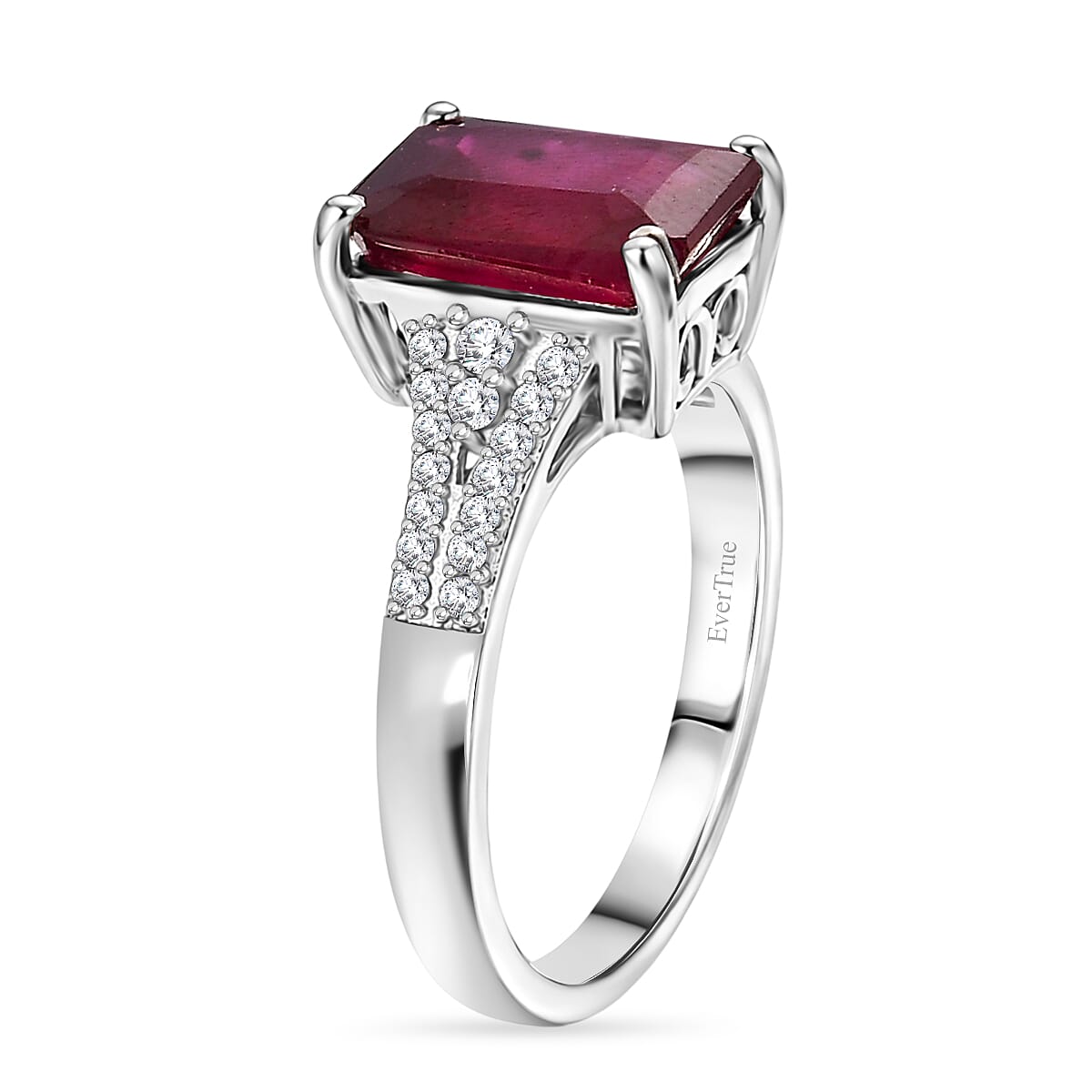 Doorbuster EverTrue Niassa Ruby (FF) and White Zircon 5.35 ctw Bridge Architecture Ring in Platinum Bond (Size 5.0)
