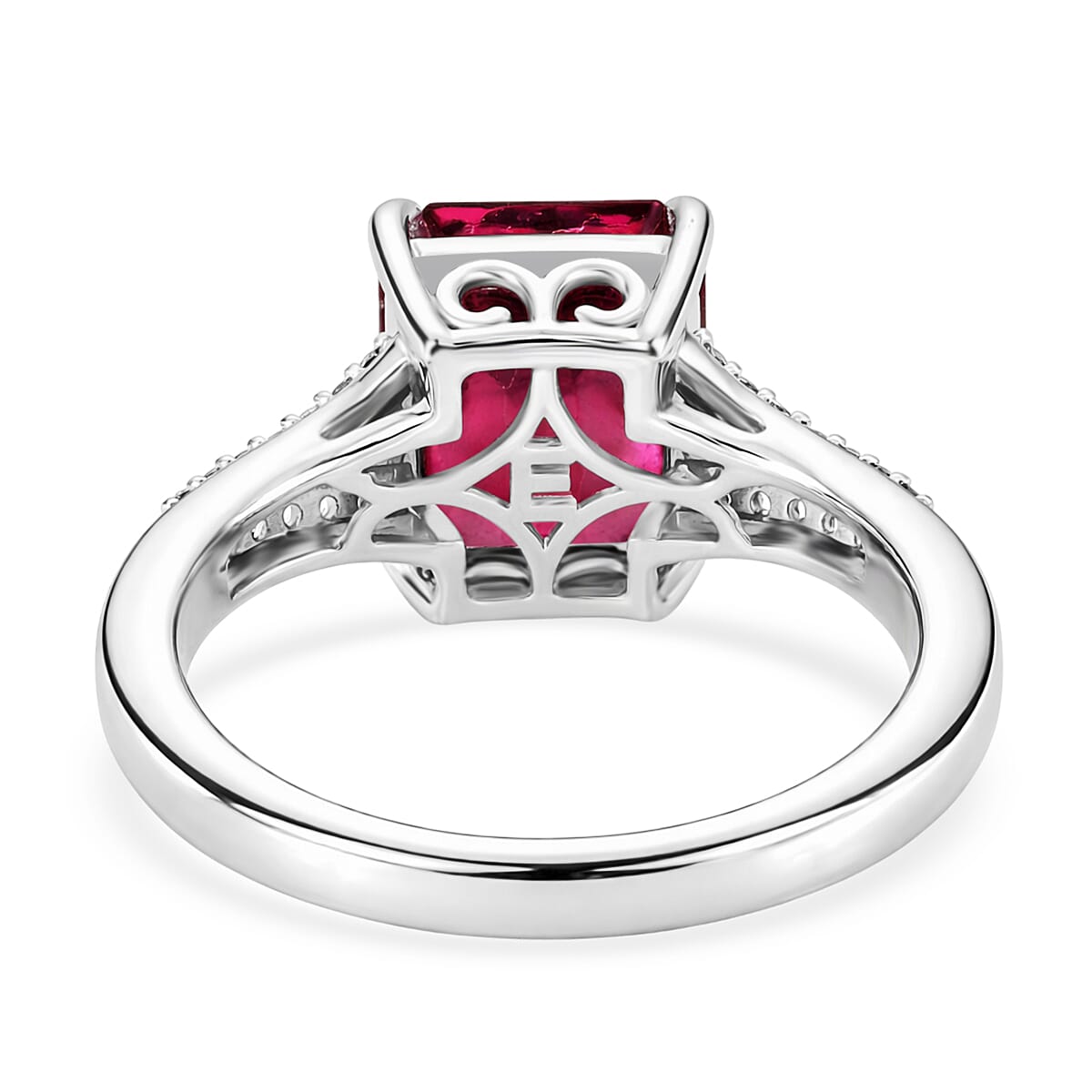 Doorbuster EverTrue Niassa Ruby (FF) and White Zircon 5.35 ctw Bridge Architecture Ring in Platinum Bond (Size 5.0)