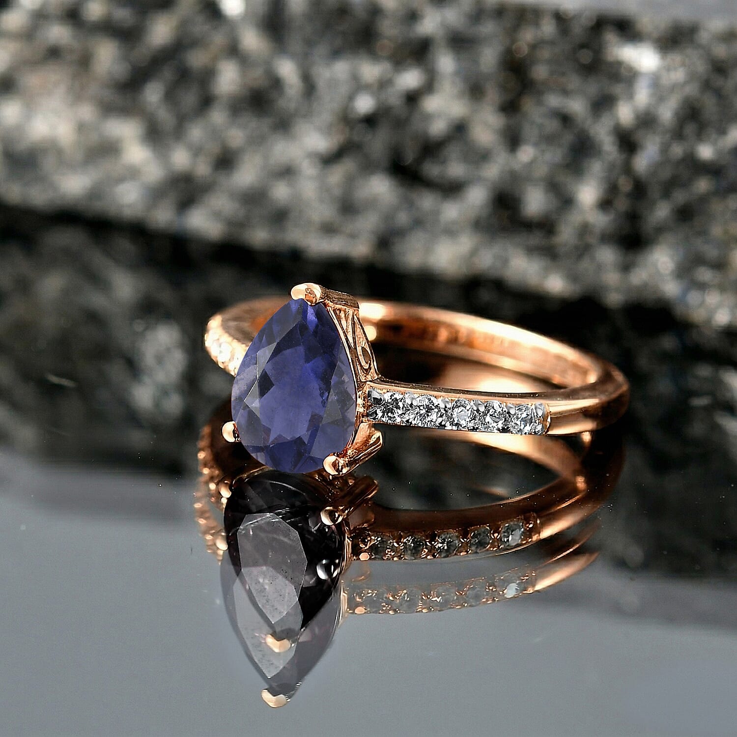 D'Joy Premium Catalina Iolite and White Zircon 1.90 ctw Ring in 18K Vermeil Rose Gold Over Sterling Silver (Size 5.5)