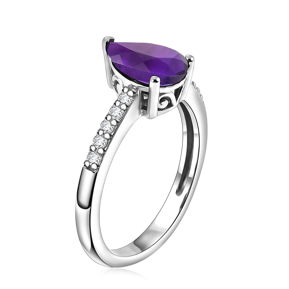 D'Joy Premium Lusaka Amethyst and White Zircon Fashion Ring in Rhodium Over Sterling Silver (Size 8.0) 1.90 ctw image number 3