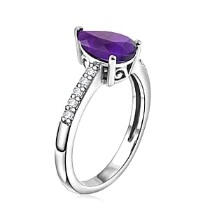D'Joy Premium Lusaka Amethyst and White Zircon Fashion Ring in Rhodium Over Sterling Silver (Size 8.0) 1.90 ctw