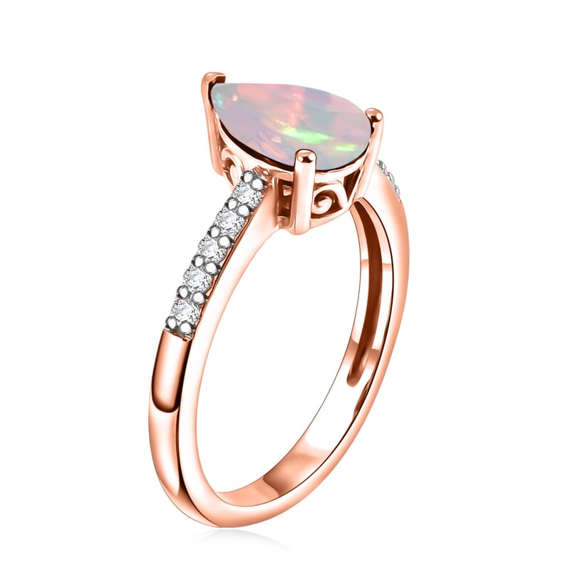 D'Joy Premium Ethiopian Welo Opal and White Zircon 1.60 ctw Ring in 18K Vermeil Rose Gold Over Sterling Silver (Size 6.0)