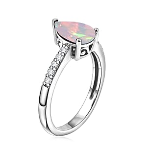 D'Joy Premium Ethiopian Welo Opal and White Zircon 1.60 ctw Ring in Rhodium Over Sterling Silver (Size 10.5)