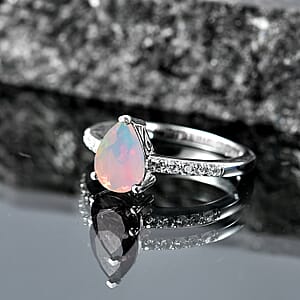 D'Joy Premium Ethiopian Welo Opal and White Zircon 1.60 ctw Ring in Rhodium Over Sterling Silver (Size 4.0)