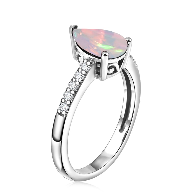 D'Joy Premium Ethiopian Welo Opal and White Zircon 1.60 ctw Ring in Rhodium Over Sterling Silver (Size 4.5)