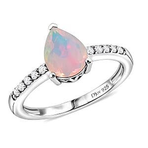 D'Joy Premium Ethiopian Welo Opal and White Zircon 1.60 ctw Ring in Rhodium Over Sterling Silver (Size 5.0)