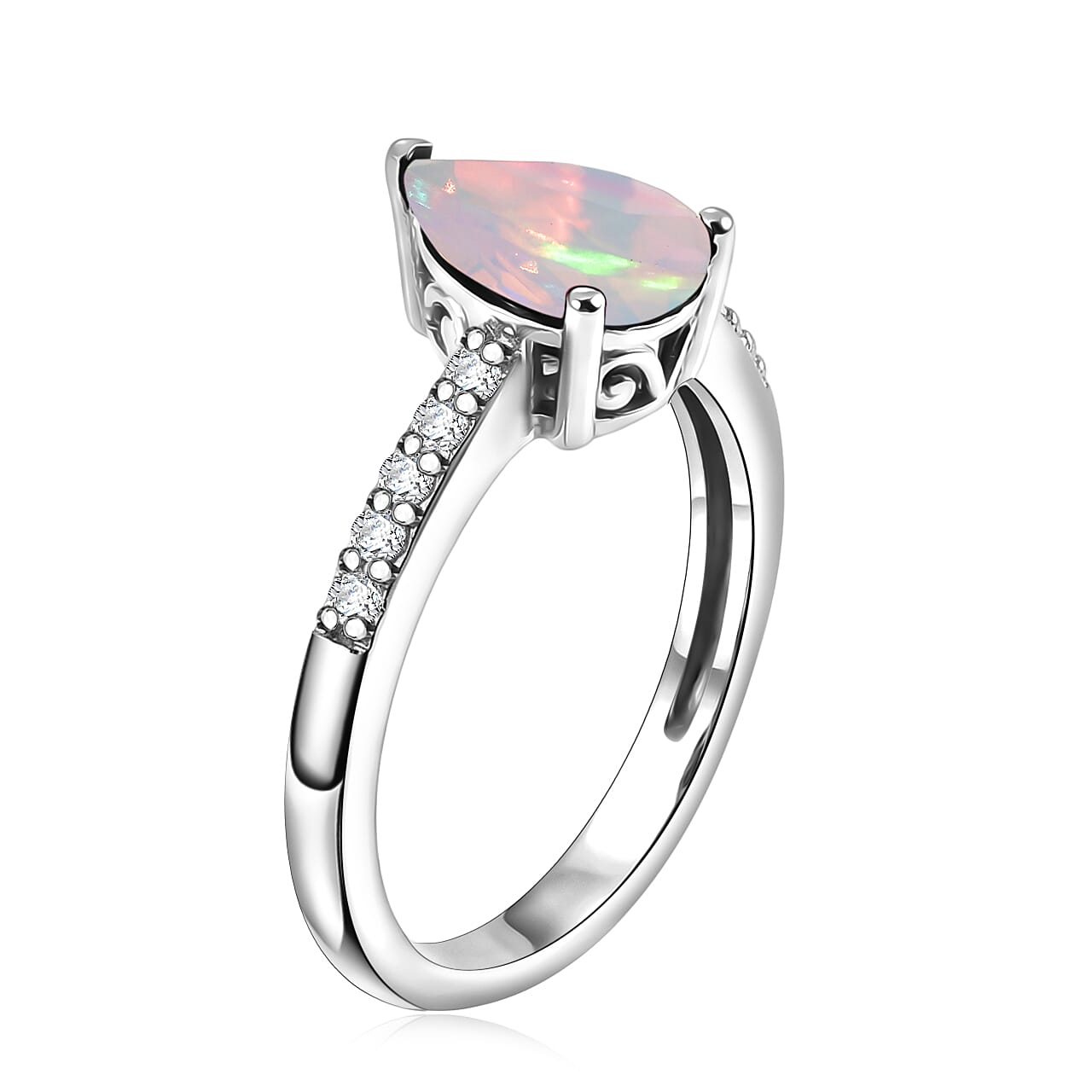D'Joy Premium Ethiopian Welo Opal and White Zircon 1.60 ctw Ring in Rhodium Over Sterling Silver (Size 5.0)