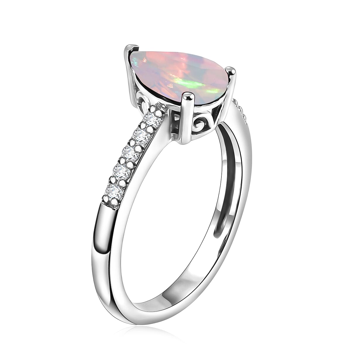 D'Joy Premium Ethiopian Welo Opal and White Zircon 1.60 ctw Ring in Rhodium Over Sterling Silver (Size 7.5) image number 3