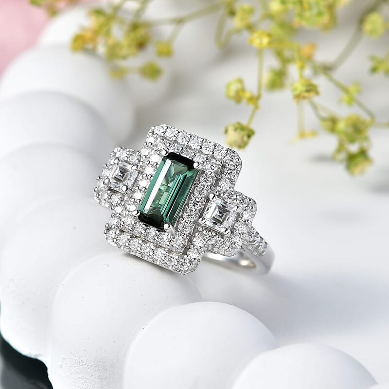 Certified & Appraised D'Joy Premium Arquiana Mint Tourmaline and Moissanite 1.91 ctw Ring in Rhodium Over Sterling Silver (Size 6.0)