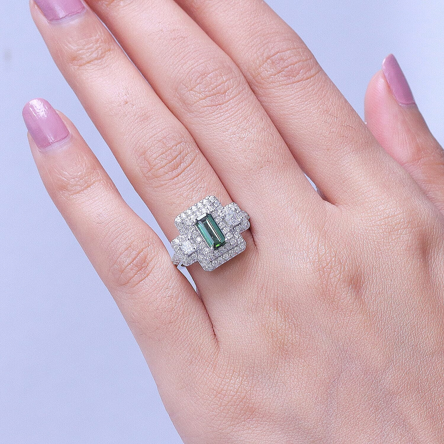 Certified & Appraised D'Joy Premium Arquiana Mint Tourmaline and Moissanite 1.91 ctw Ring in Rhodium Over Sterling Silver (Size 6.0)