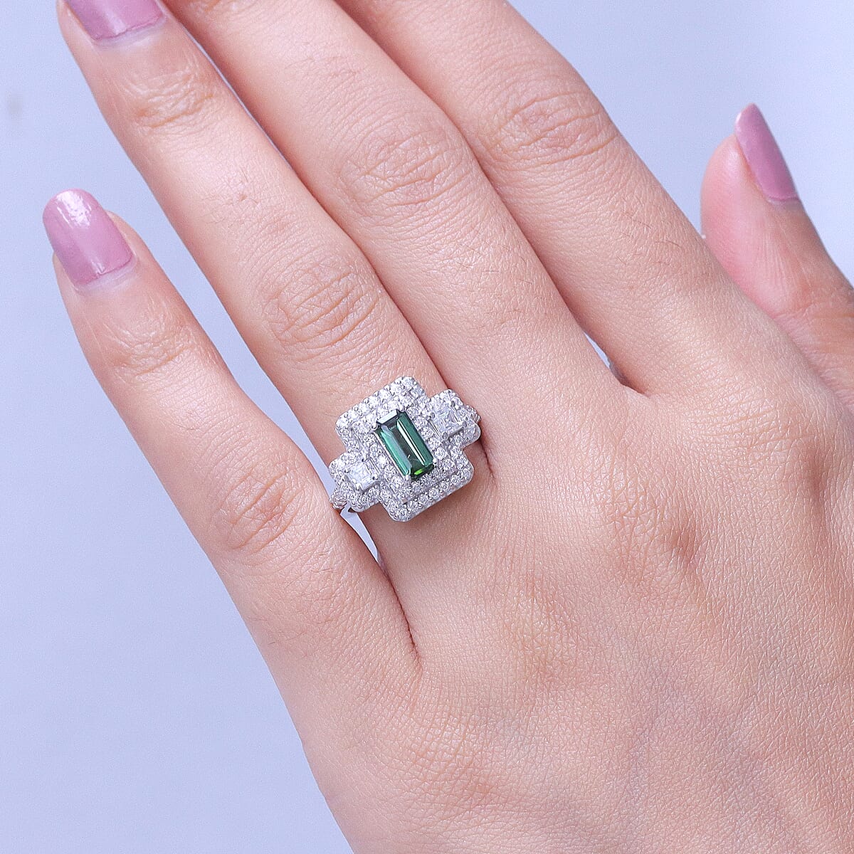 Certified & Appraised D'Joy Premium Arquiana Mint Tourmaline and Moissanite 1.91 ctw Ring in Rhodium Over Sterling Silver (Size 6.0) image number 2