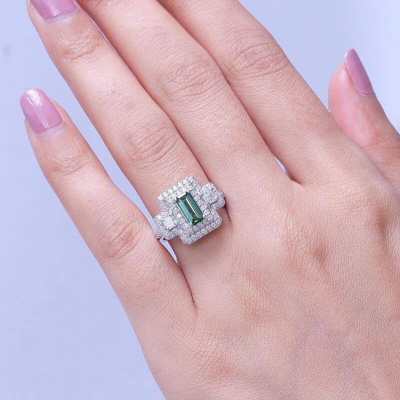 Certified & Appraised D'Joy Premium Arquiana Mint Tourmaline and Moissanite 1.91 ctw Ring in Rhodium Over Sterling Silver (Size 6.0)