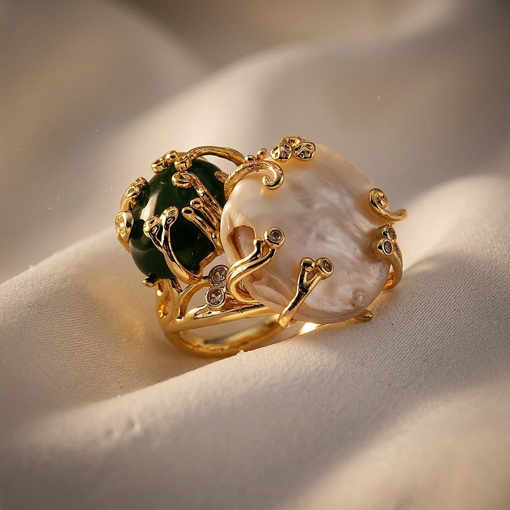 Green Agate and Multi Gemstone 30.20 ctw Ring (Adjustable) in Silvertone