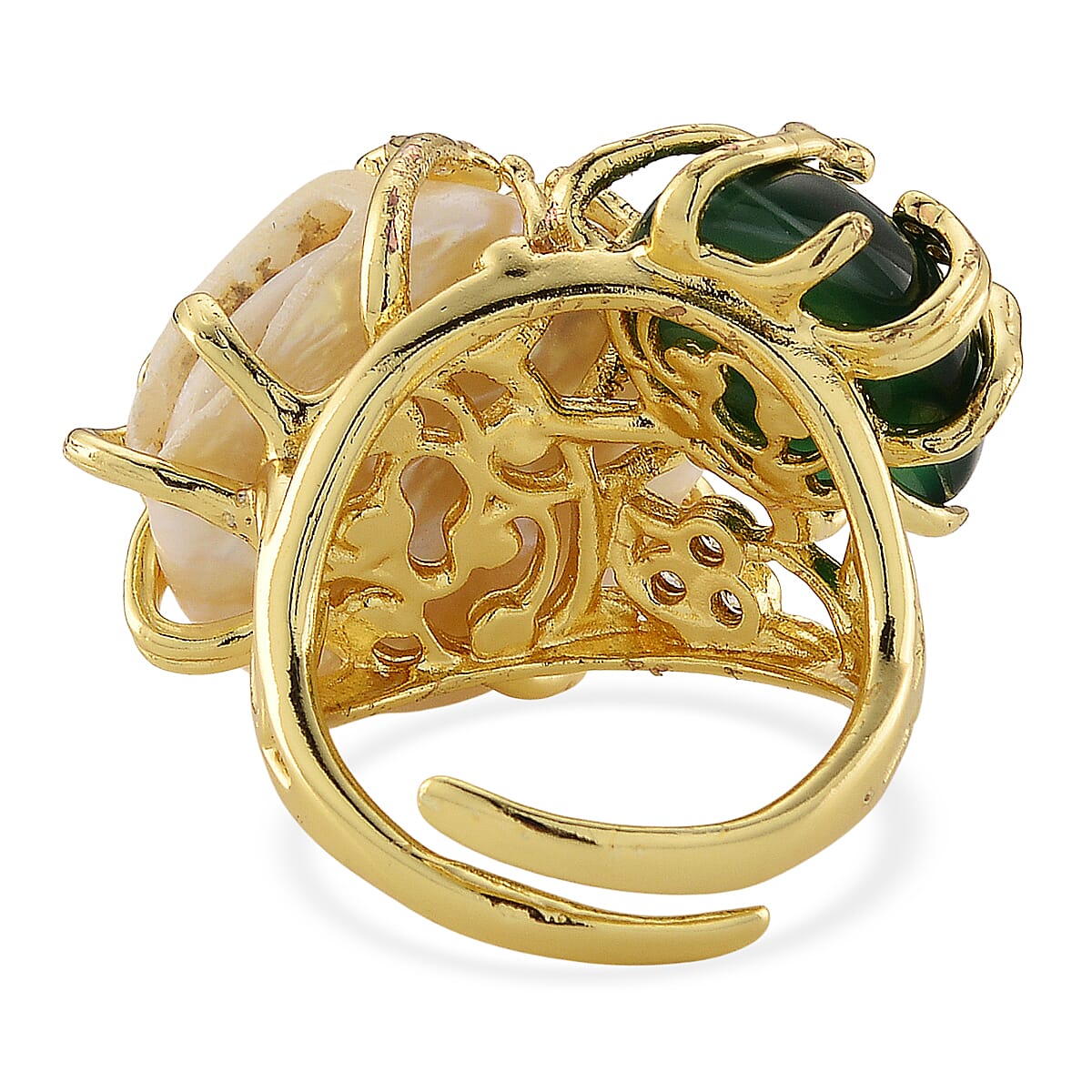 Green Agate and Multi Gemstone 30.20 ctw Ring (Adjustable) in Silvertone