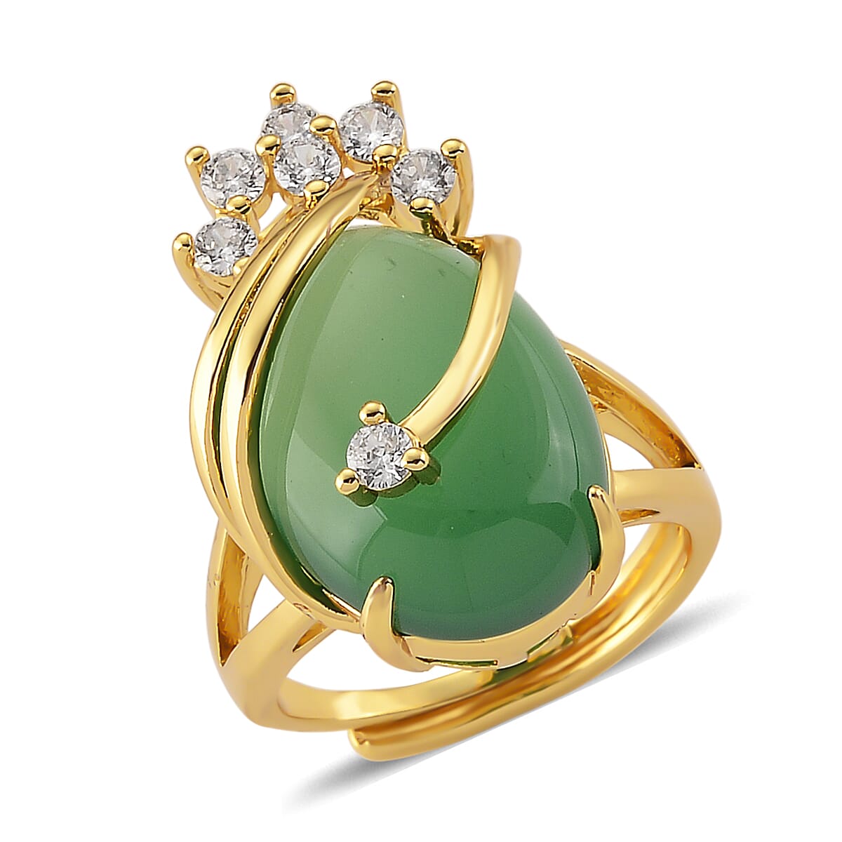 Green Agate and Simulated Diamond 21.00 ctw Ring (Adjustable) in Goldtone