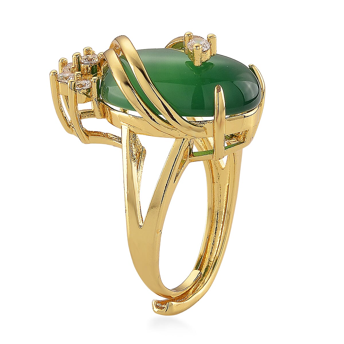 Green Agate and Simulated Diamond 21.00 ctw Ring (Adjustable) in Goldtone