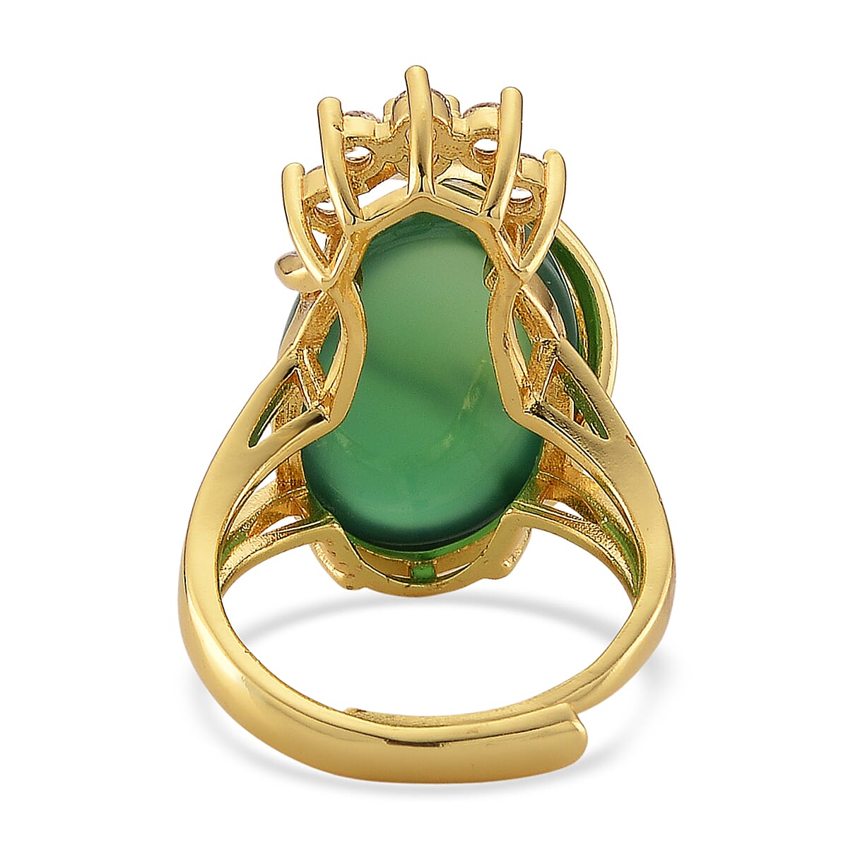 Green Agate and Simulated Diamond 21.00 ctw Ring (Adjustable) in Goldtone